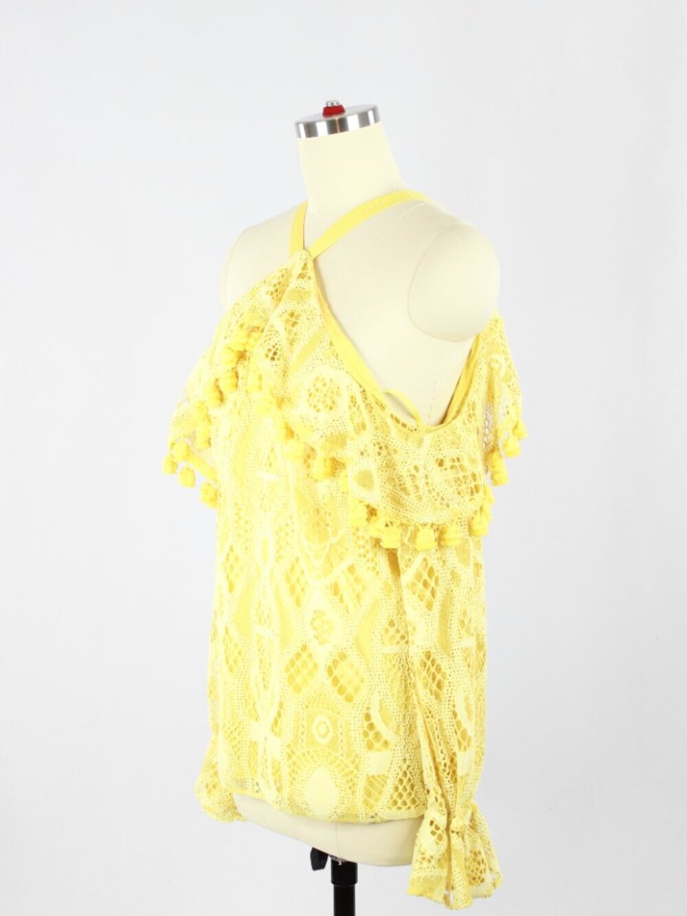 ALEXIS Adriana Yellow Lace Pom Pom Ruffle Cold Shoulder Tie Blouse, Size XS - Picture 8 of 15